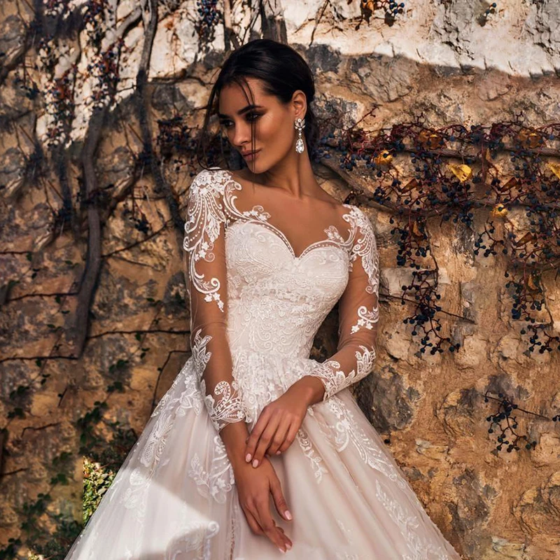 Vestido de novia de línea A Rosa de lujo para mujer, cuello en V, apliques de encaje, ilusión, manga larga, vestido de novia de talla grande