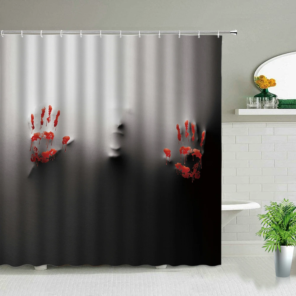 Terror Halloween Blood Handprint Printed Shower Curtains Day Of The Dead Skull Background Wall Decor Hanging Curtain With Hooks