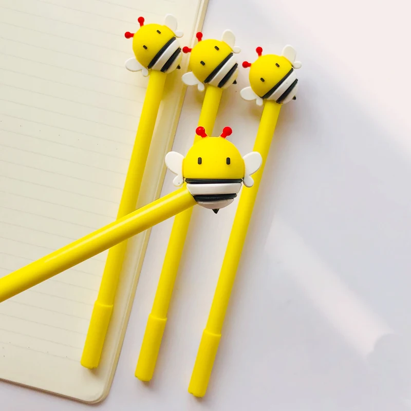 2pcs Cute Yellow Bee Silicone Doll Gel Pen Student Stationery School Office Supply Blue Ink