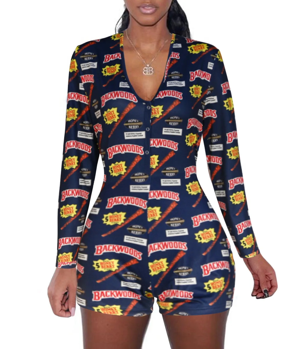 2XL Oversize Thanksgiving print Slim Button Short Pajama Sleepwear Jumpsuit For Women DZ002