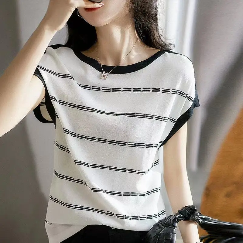 2022 Summer Blusa Shirt Black and White Stripe Slash Neck Knitted Fabric Tops Ladies Loose Casual Shirts Clothing Clothing 1600