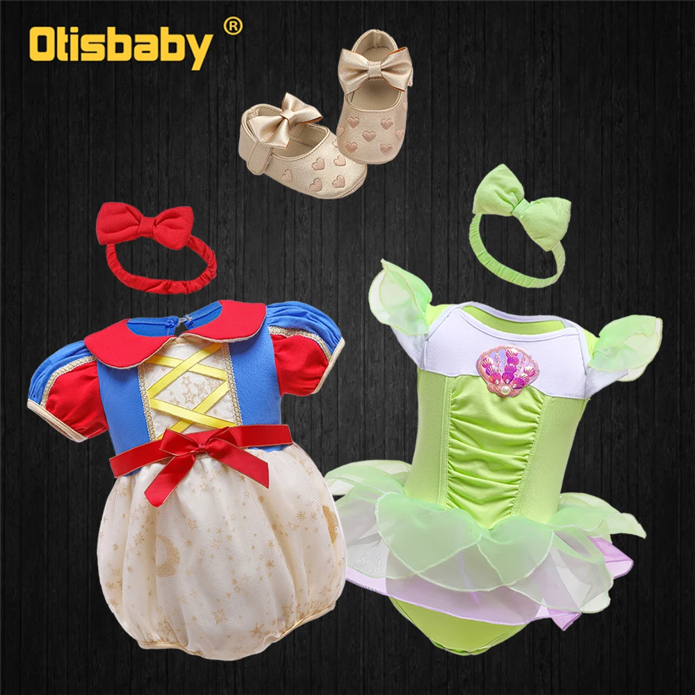 1 2 Years Baby Girls Halloween Tinker Bell Costume Newborn Princess Elsa Dress Up Snow White Puff Sleeve Romper Bow Headband