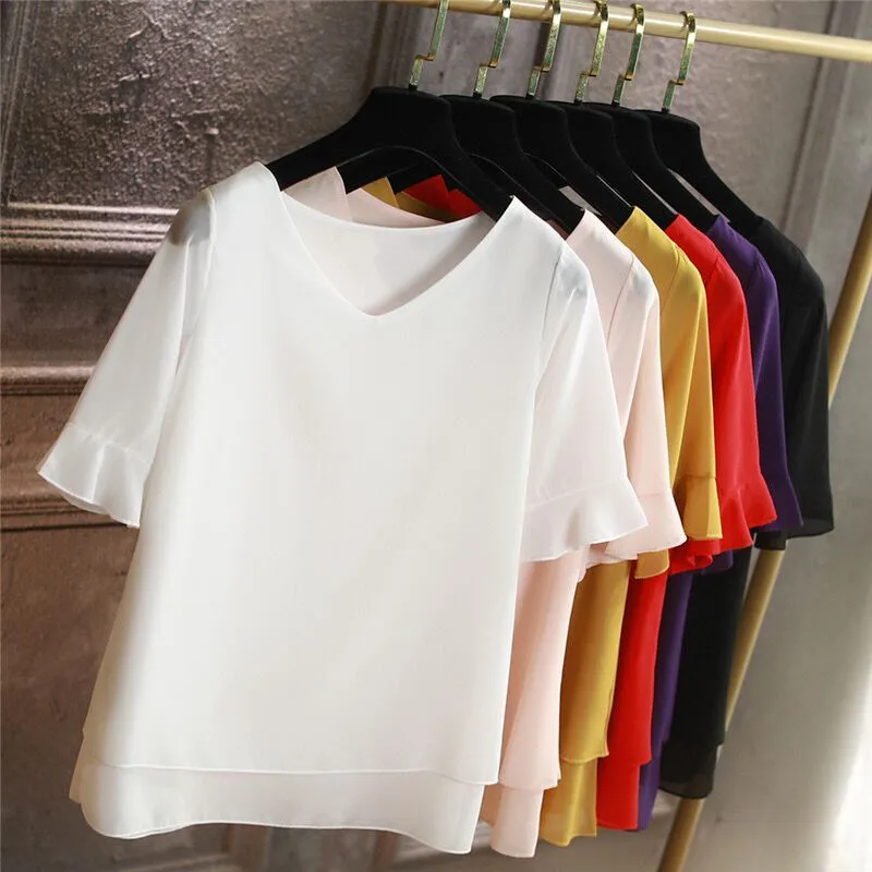 

Fashion Brand half sleeve Women' blouse Summer New Chiffon shirt Sheer ONeck Casual blouse Female Tops