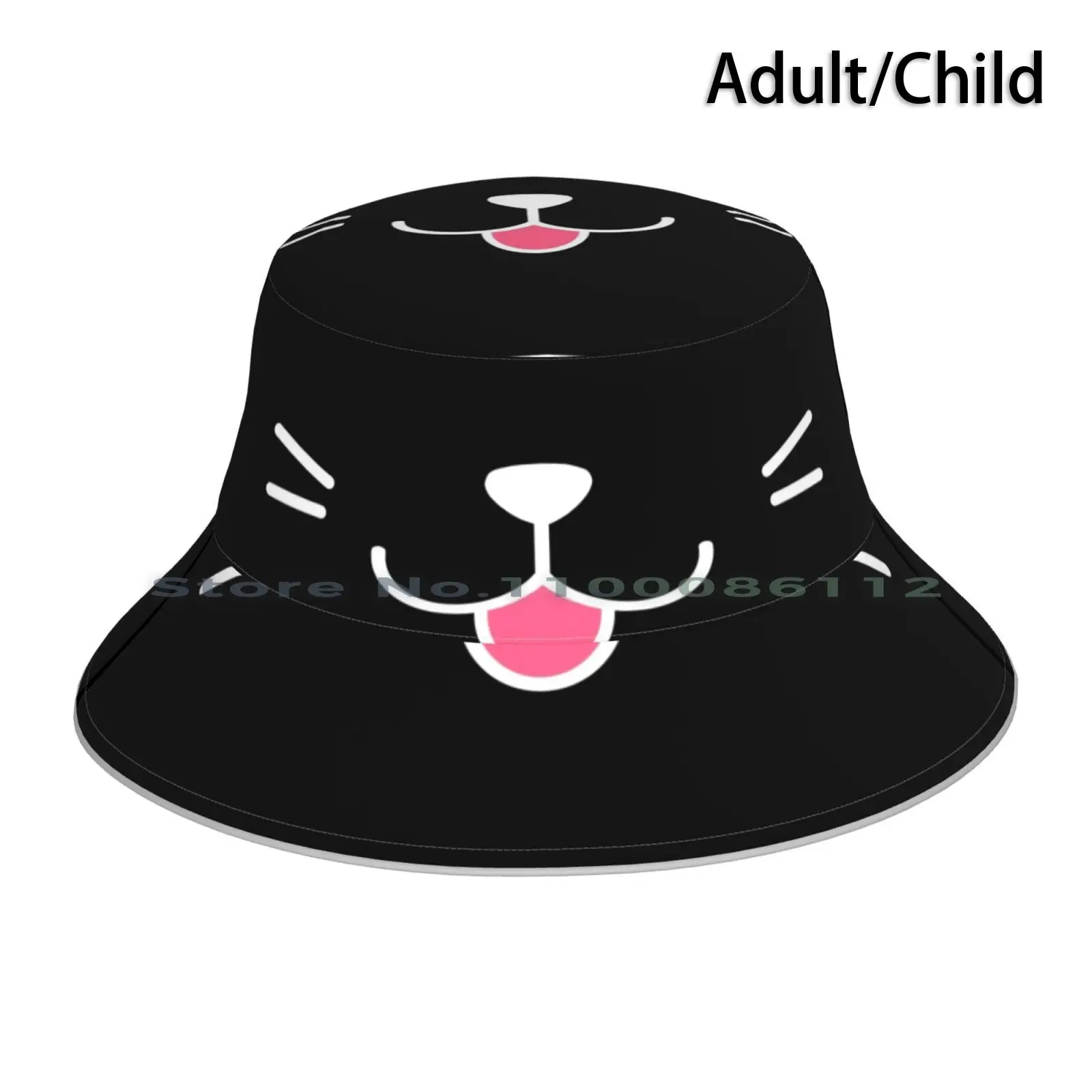 Happy Kitty Black Bucket Hat Sun Cap Anime Cheeky Mouth Smile Blush Happy Grin Face Mask Facemask Neko Cat Cute Ascii Owo Uwu