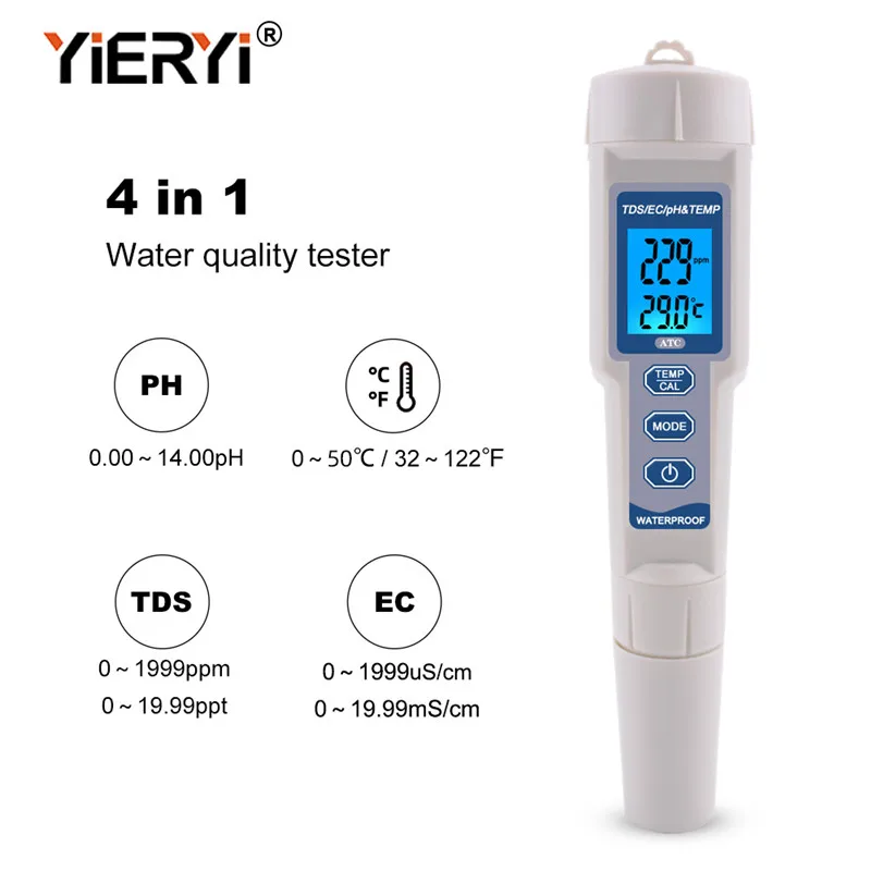 Yieryi-4 인 1 수영장 및 아쿠아리움용 디지털 수질 측정기, PH/TDS/EC/온도 측정기, 4 가지 기능을 하나로 통합, 수족관에서 사용 가능