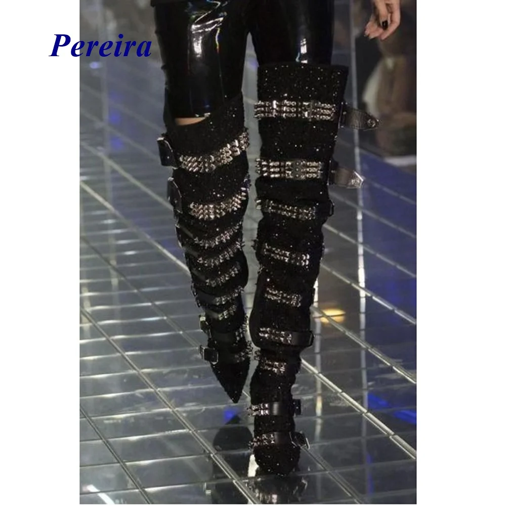 Pointed Toe Crystal Rivet Boots Over The Knee Buckle Strap Bling Sexy Shoes New Arrival Fashion Women Winter Boots Hot Sale