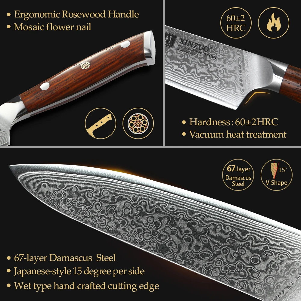 XINZUO 2 sztuk zestaw nóż szefa kuchni Damascus Steel Chef Cutter Utility noże sztućce kuchenne ze stali nierdzewnej uchwyt z palisandru