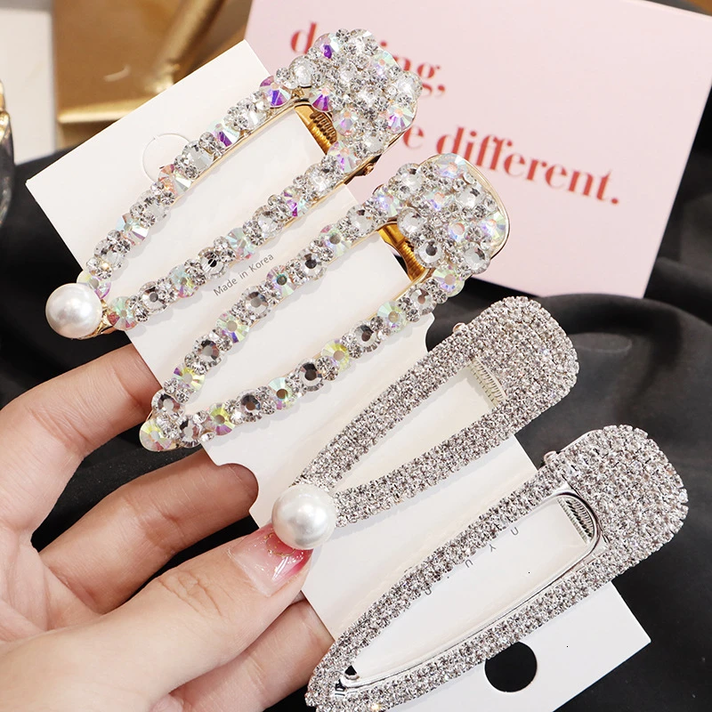 Fashion Shiny Luxury Full Crystal Pearl Women Barrettes Waterdrop Square Hair Clip Hairgrips Hair Accessories Korea Headwear