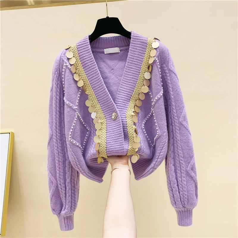 

Heavy Industry Beaded Sequined V-neck Thicken Knit Cardigan Women's 2024 Spring And Autumn New Product Lazy Style Sweater Female