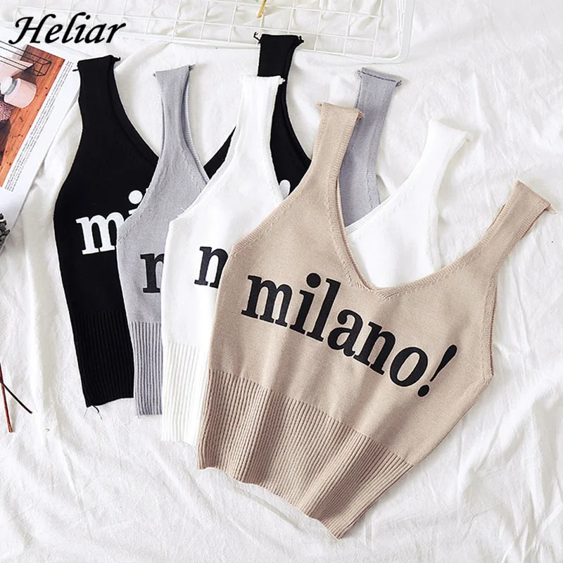 HELIAR Tops Women Sexy Crop Tops Deep V-Neck Lettering milano! Camis Lady Slim Night Club Knitted Crop Tops For Women Summer