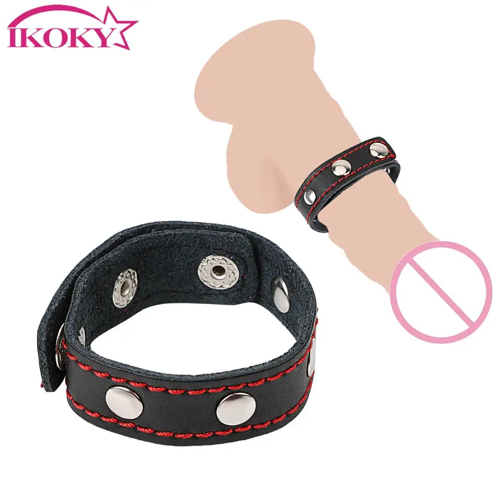 IKOKY Leather Penis Ring Time Delay Ejaculation Belt Fasten Adjustable Cock Rings Erotic Sex Toys For Men Adult Products