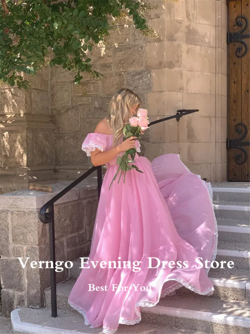 Verngo Pink Organza Prom Dress Girl Princess Off The Shpulder Evening Party Gown France Romantic Birthday Prom Gown