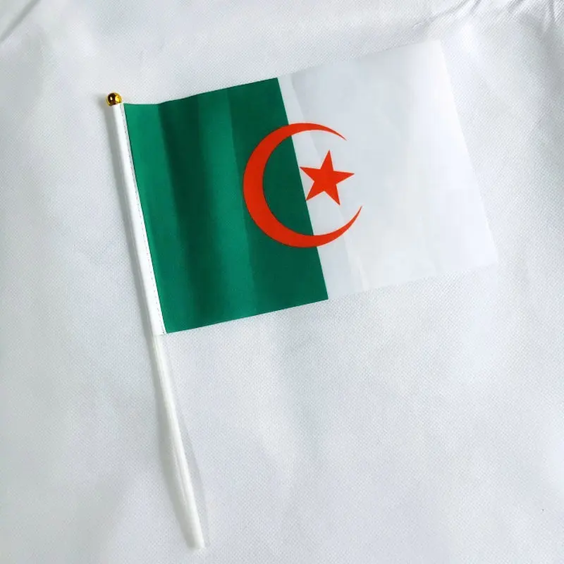 zwjflagshow Algeria Hand Flag 14*21cm 100pcs polyester Algeria Small Hand waving Flag with plastic flagpole for decoration