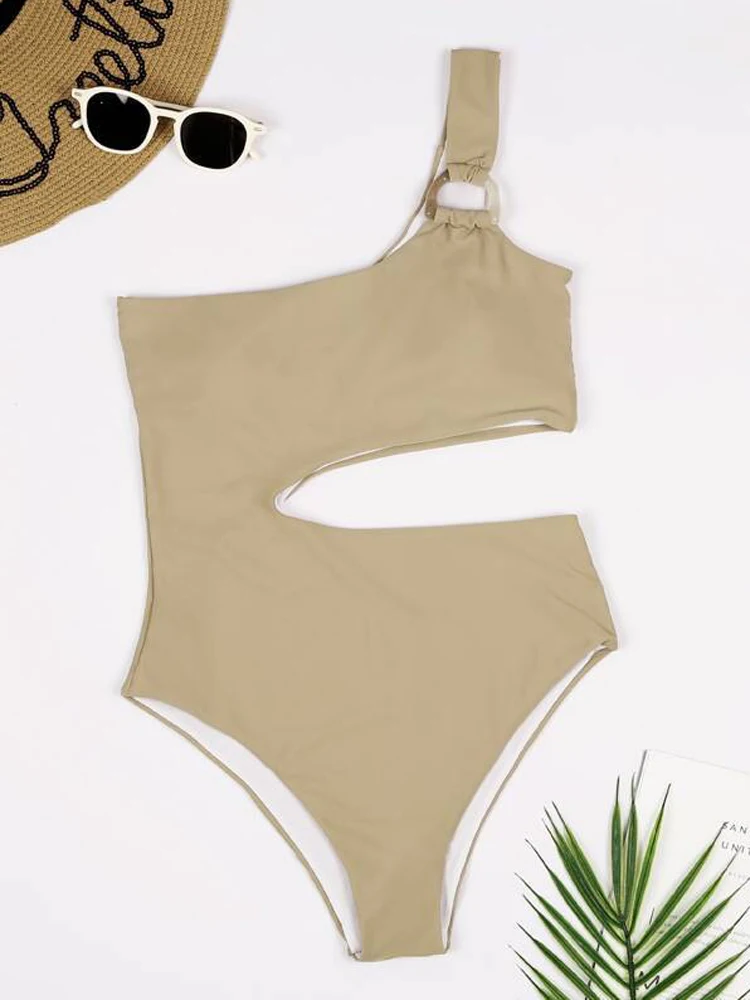 ZAFILLE Solid One Piece Swimsuit Women Swimwear One shoulder Bodysuit Bikini Cut Out Women's Bathing Suit Monokini Summer