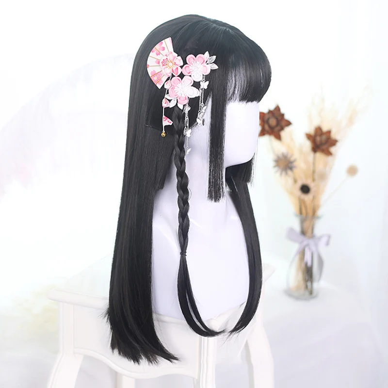 AOSI  Long Straight Hair Black Synthetic Lolita Wigs with Bangs for Women Fashion Female Cosplay Party Christmas Wigs