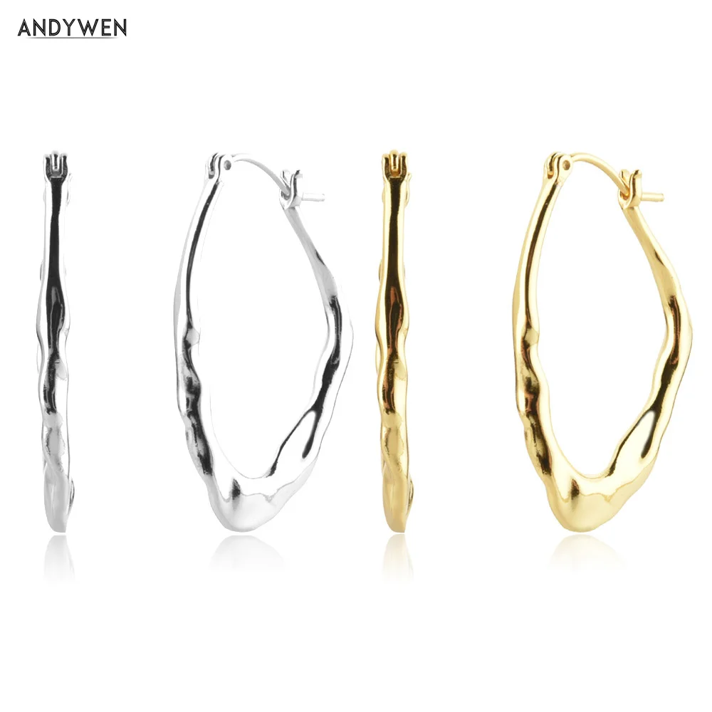 ANDYWEN 925 srebro złoto duże obręcze 20*30mm Piercing pętle koło zwykły srebrny 2021 kobiety biżuteria ślubna moda