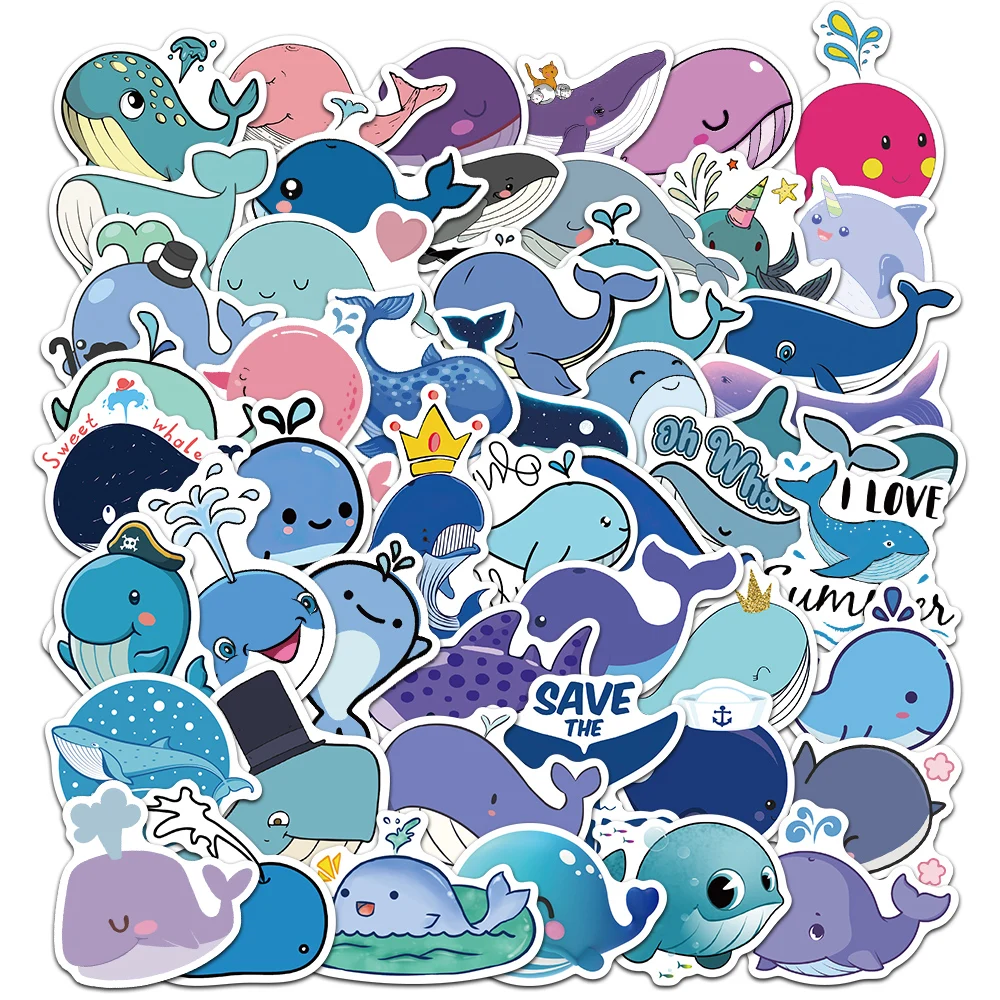 50PCS Cute Cartoon Blue Whales Stickers Children Reward Label Encouragement Scrapbooking Decoration Stationery Sticker