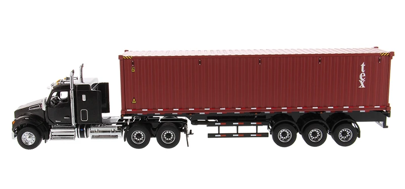 New 1/50 Scale Kenworth T880 SFFA 40 Sleeper Tandem Tractor in Metallic Black with 40\' Dry Goods Sea Container and Chassis 71060