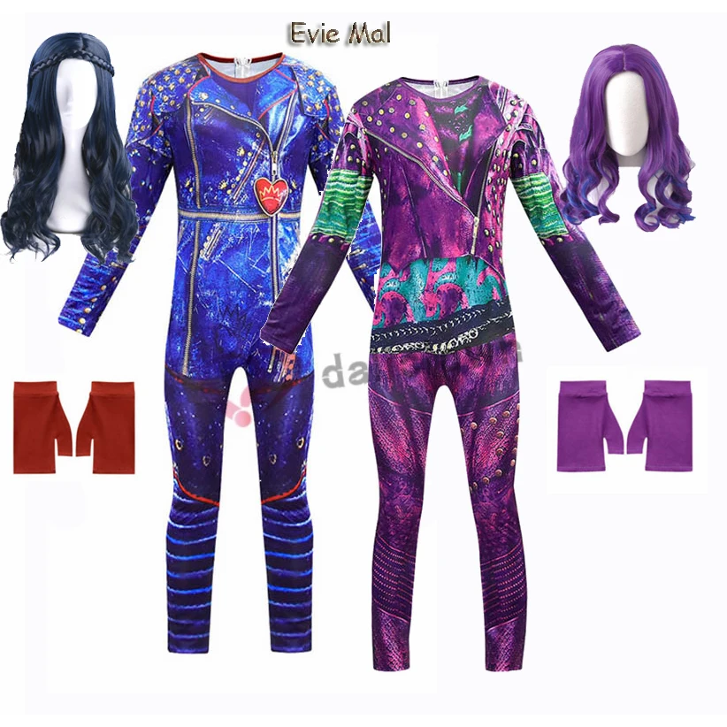 Neue Kinder Halloween Kostüm Für Mädchen Evie Mal Nachkommen 3 Cosplay Kostüme Mit Perücke kinder Karneval Party Overall Catsuit