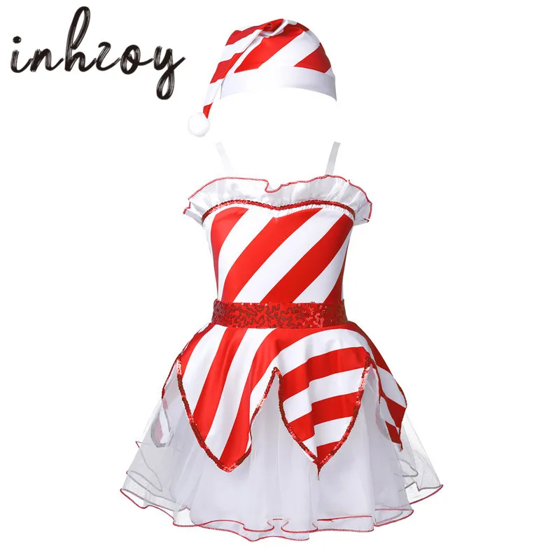 

Kids Girls Christmas Stage Performance Jazz Dance Costume Children Adjustable Straps Sequins Striped Tutu Xmas Dress with Hat