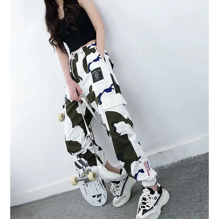 Camo White Cargo Pants Women's Loose Kpop Students Harem Pants Female Streetwear Casual Pants High Waist Straight S-4XL 5XL