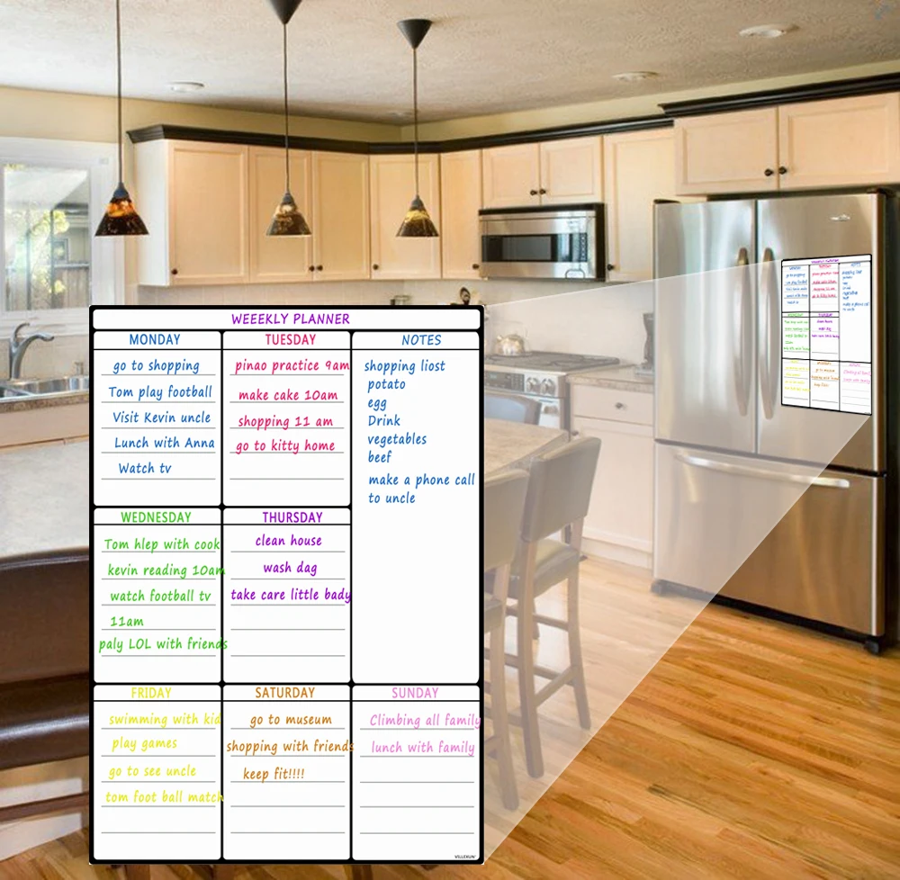 Hivillexun-Folha Magnetic Whiteboard para Geladeira, Multipurpose Frigorífico, Weekly White Board, Calendário para Menu com 8 Marcadores