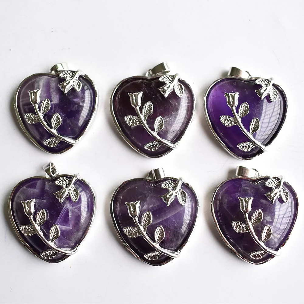 Romantic silver plated natural amethysts pink quartz  Love Flower Pendant women's necklace fashion jewelry 6pcs free shipping