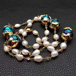 Y.YING Cultured White Baroque Pearl Blue Murano Glass Rosary Chain Long Necklace Lady Jewelry 33