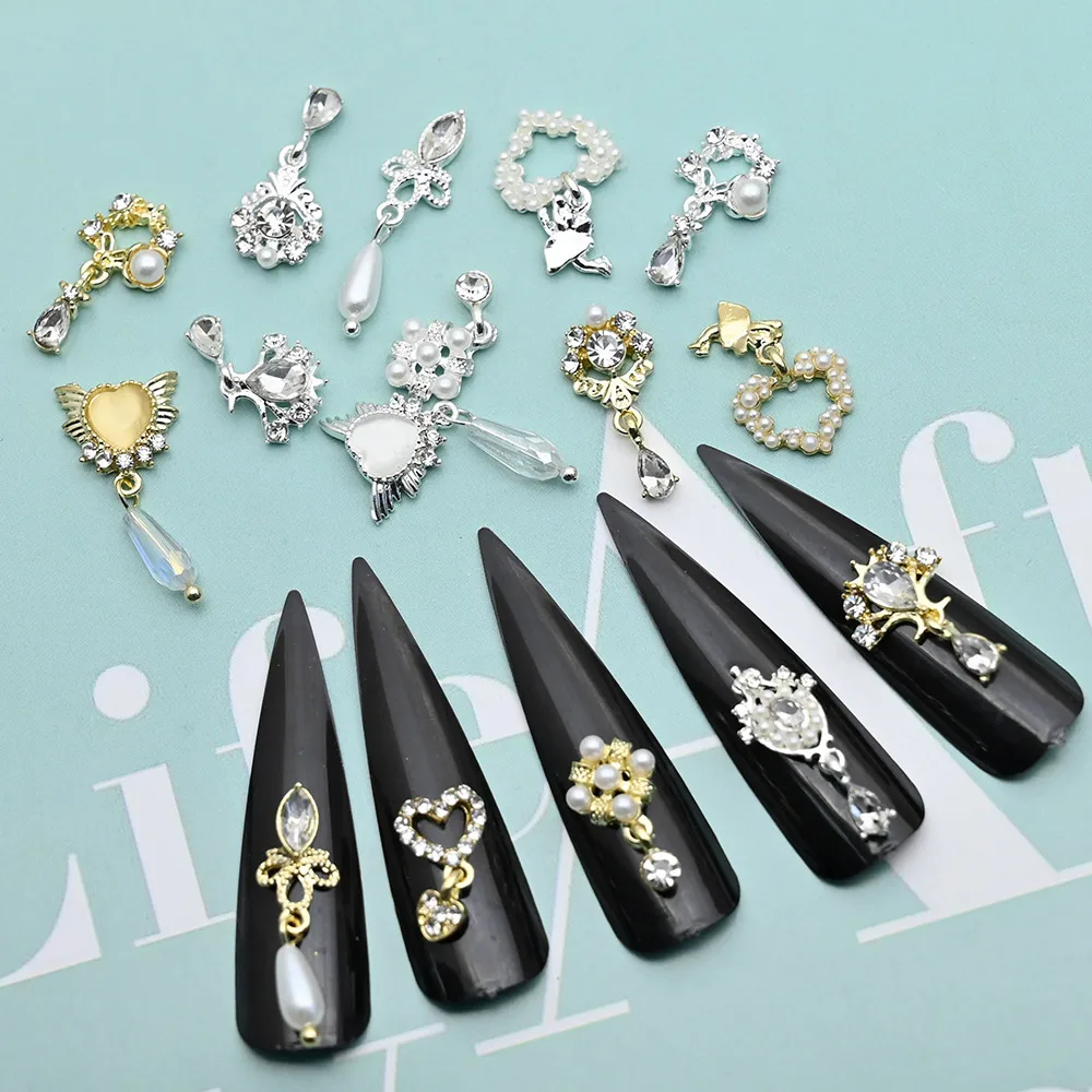 10Pcs 3D Dangle Nail Charms,Nail Jewelry Rhinestones/Heart Pearl Crystal Gems Decorations, Mixed Shape Metal Luxury Nail Alloy#