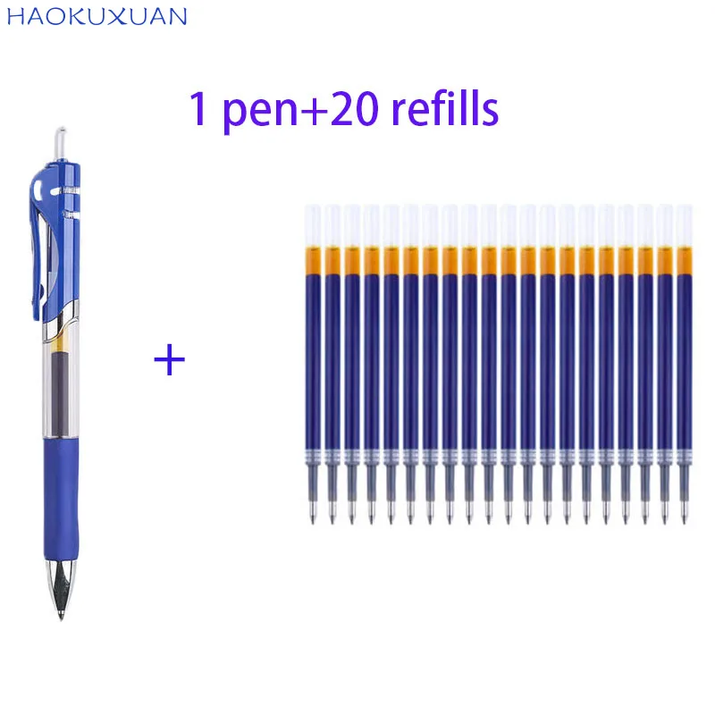 20 Refills 1 Pen Press Neutral 0.5mm Large Capacity Bold Refill Ball Point Pens Signature Black Red Blue Student Study Office