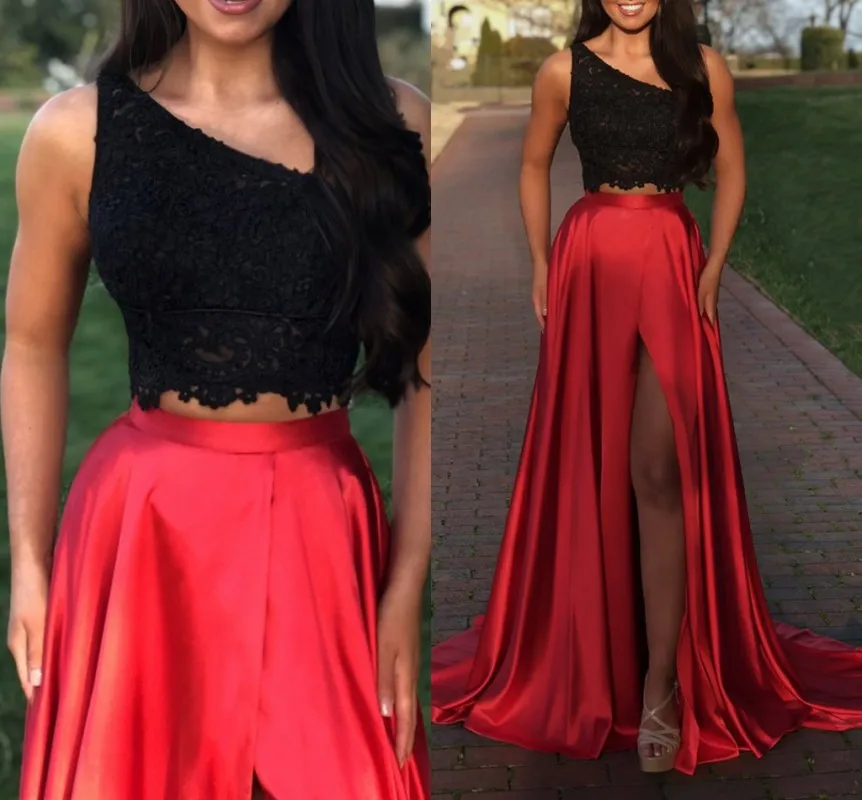 

Black/Red One Shoulder Top Lace Two Piece Prom Dresses 2024 Vintage Slit Formal Evening Party Gown Robe De Soriee