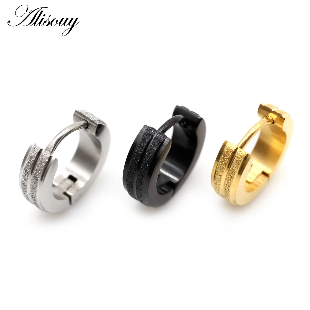 Alisouy 2pcs New Frosted Scrub Groove Ear Earring Stainless Steel Small Circle Hoop Earrings for Women Men Punk Piercing Jewelry