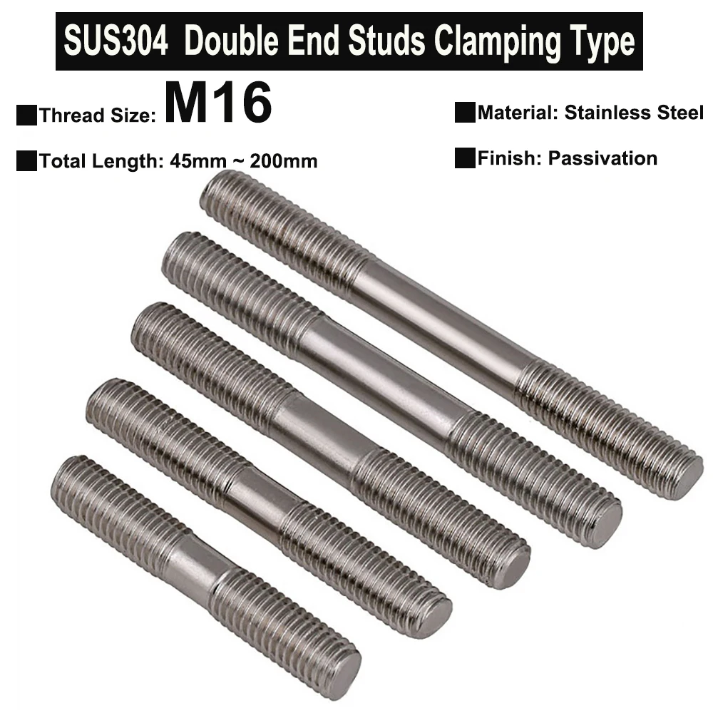 M16x2.0 SUS304 Stainless Steel Double End Studs Clamping Type Headless Stud Bolt Screw Rod Tooth Stick Dual Head Threaded Bar