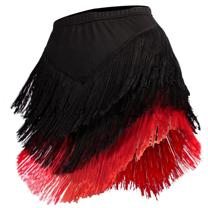 Nieuwe Latin dansrok voor volwassenen Dames met franjes Kwastje Rood Blauwe rok Dames Latin dansrok met onregelmatige V-vormige rok