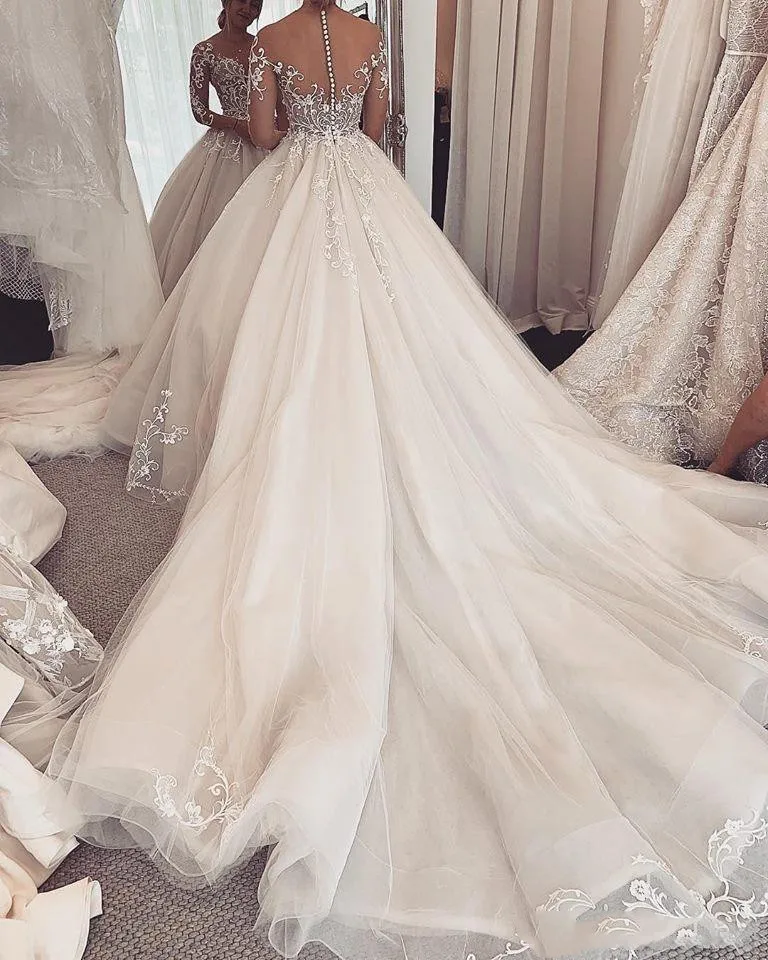 Vestido de novia de encaje elegante y encantador, vestido de novia de manga larga transparente, ilusión hecha A medida, línea A, 2019