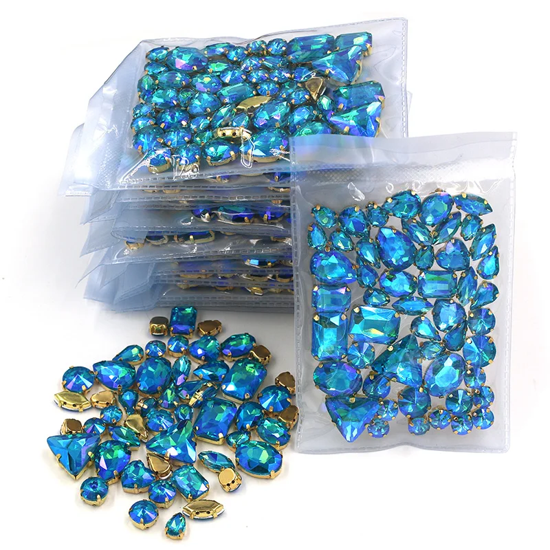 Best seller Wholesale 5 bags mixed shape sew on glass Lake Blue AB gold base rhinestones diy dress/Clothing accessories