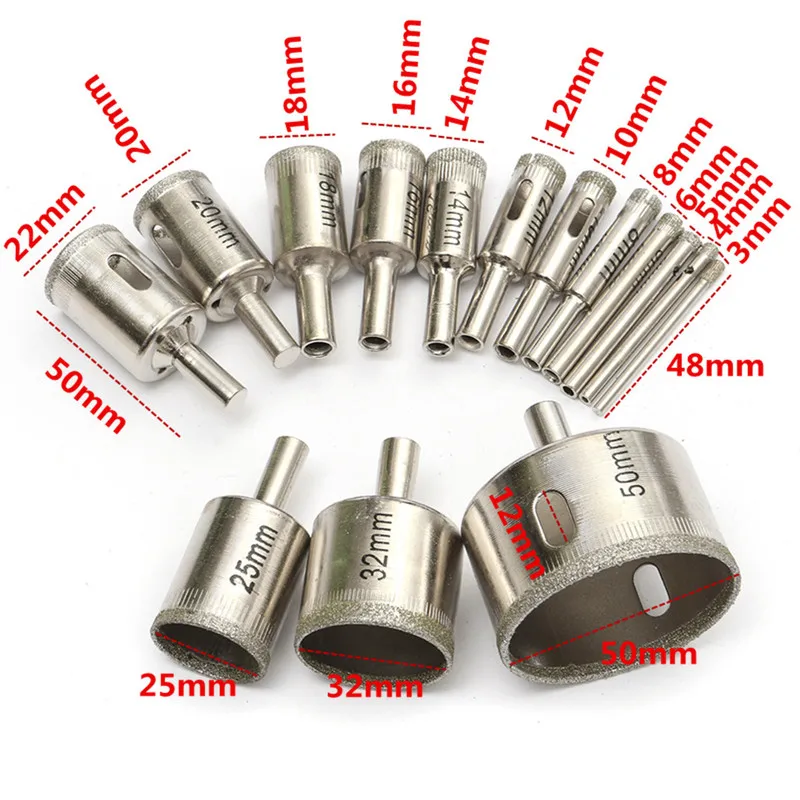 XNEMON 15pc 3-50mm Alloy Silver Diamond Drill Bit Holes Saw Cutter Tool 3 4 5 6 8 10 12 14 16 18 20 22 25 32 50mm Diamond Coated