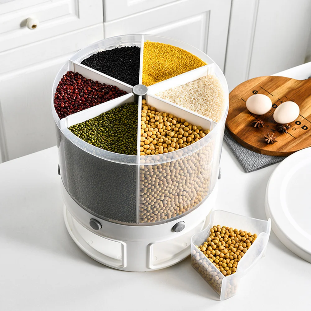 

6-Grid Rotating Grid Grain Rice Dispenser Sealed Cereal Separate Bucket Dry Food Container Round Rice Storage Tank Storage Box