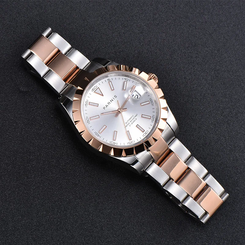 Fashion Parnis 39.5mm Rose Gold Bezel Automatic Mechanical Men Watch Stainless Steel Men Watches Miyota 8215 Movement Clock Gift