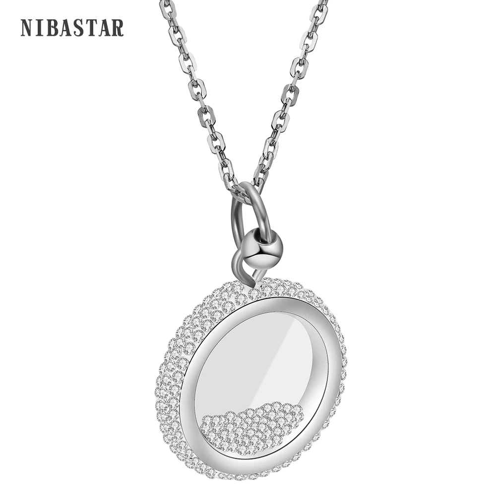 Rose Gold Color 316L Stainless Steel Glass Round Pendant Necklace with CZ crystal for women