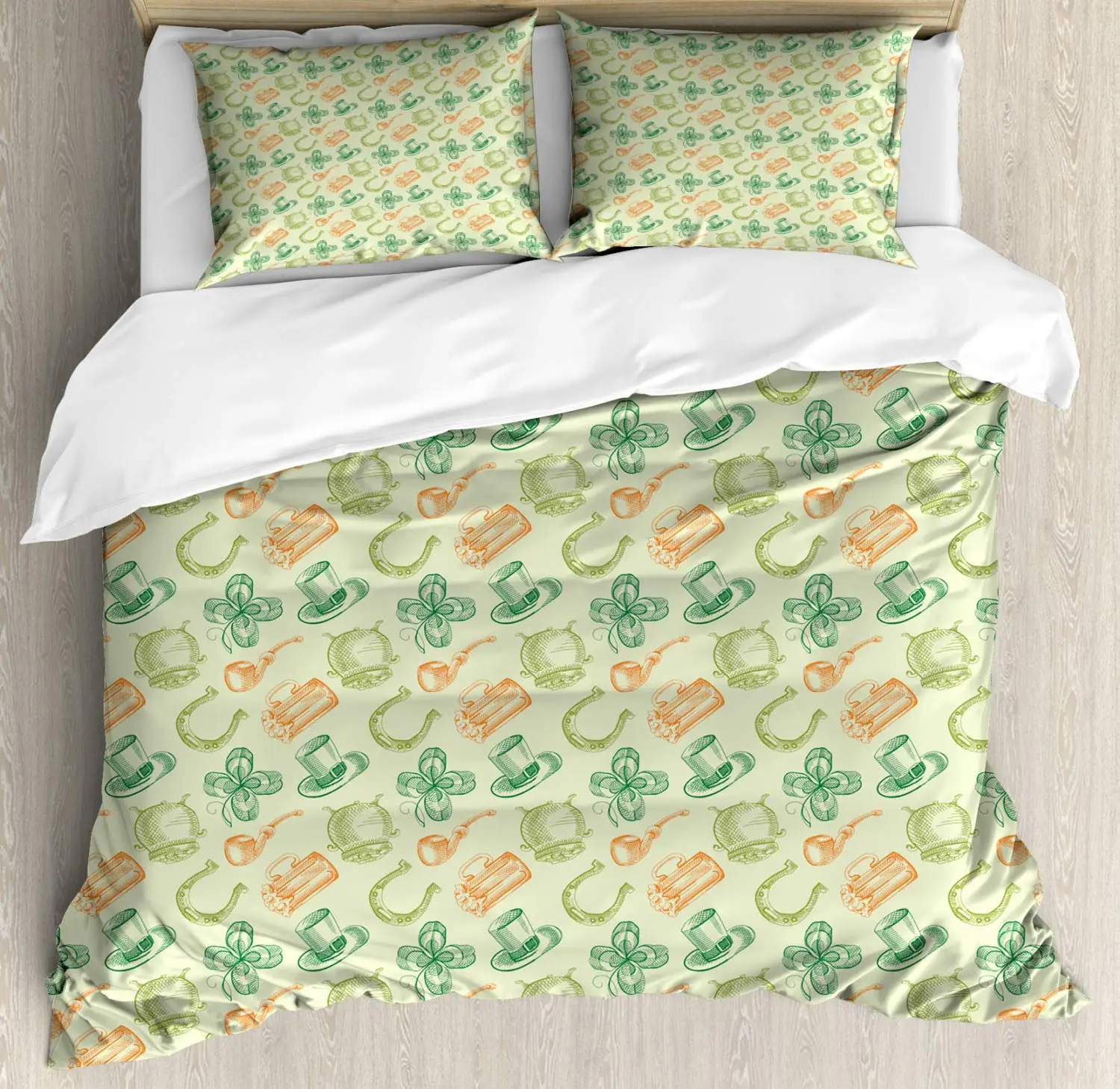 

Clover Duvet Cover Set Irish Folk Pattern 3 Piece Bedding Set Pastel Green Burnt Orange Hunter Green Pale Olive Green