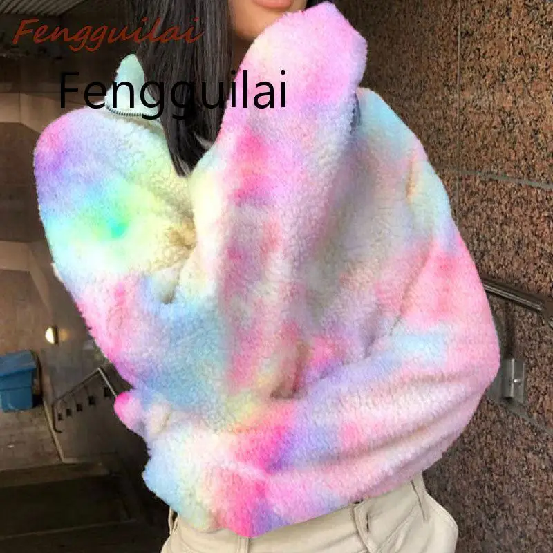 Women\'s Rainbow Plush Fleece Colorful Artificial Wool Collar Long Sleeved Zipper Thicken Teddy Jacket  Cute Over Sized