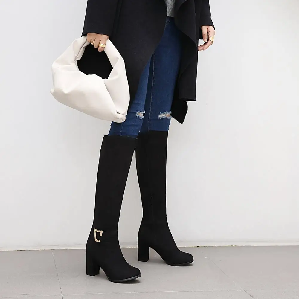 Oversized Cow Suede Thick-Heeled Knee-Length Boots With Metal Buckle Nubuck Leather High-Heeled Fashionable Round-Toe Navy Blue