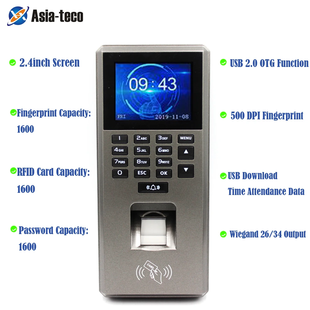 

125Khz RFID 2.4 inch Reader Fingerprint Scanner Access Control Keypad USB Biometric System Door Lock Access Control