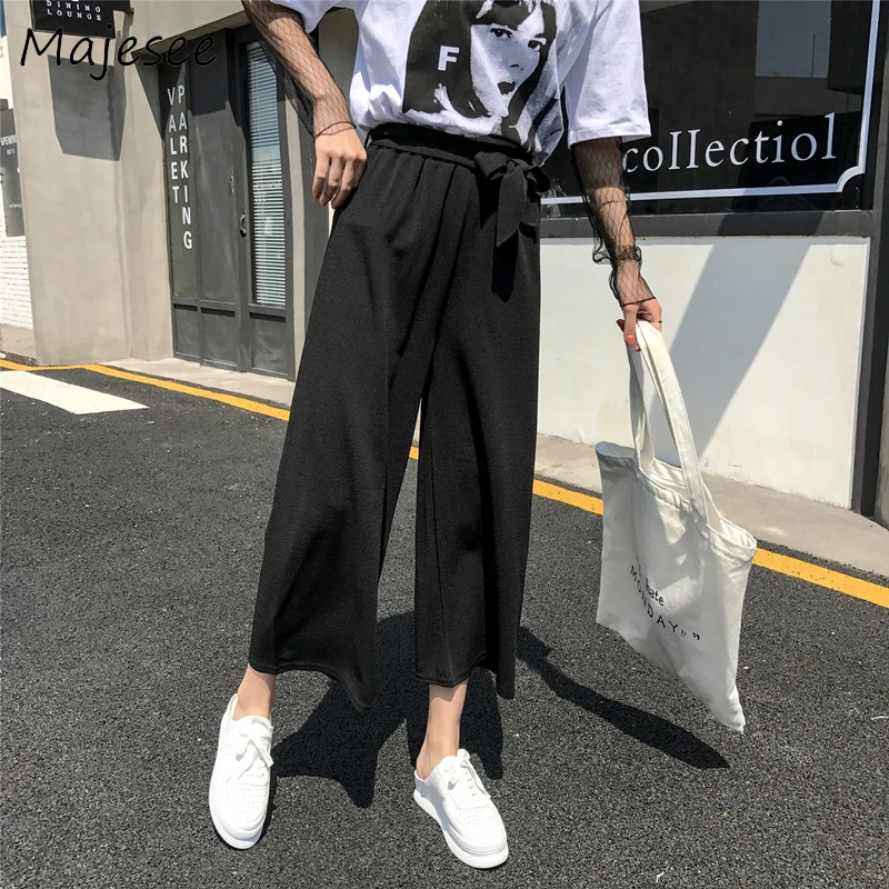 

Retro BF Solid Color Summer Wide Leg Pants Harajuku Casual Loose Sashes Women Breathable Trousers Womens Students Korean Style