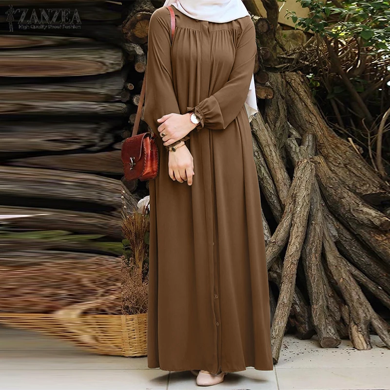 ZANZEA Women Vintage Dubai Abaya Turkey Hijab Dress Autumn Sundress Solid Muslim Islamic Clothing Long Sleeve Maxi Long Dress