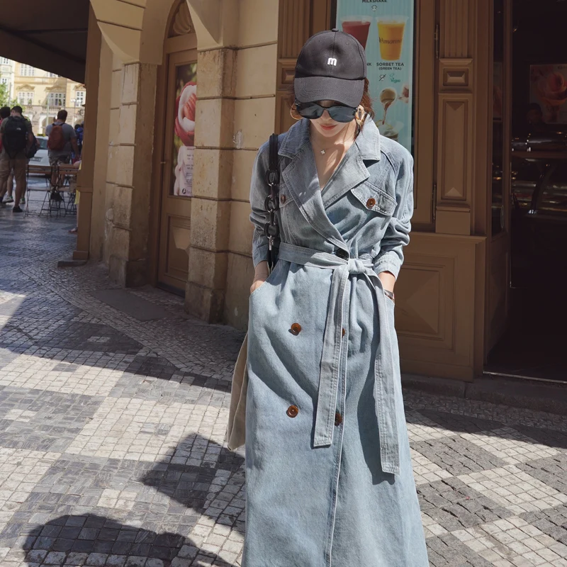 ผู้หญิง Denim Trench Coat ฤดูใบไม้ผลิและฤดูใบไม้ร่วงใหม่หลวม Denim Coats Windbreaker แฟชั่นยาวหญิงเสื้อ Manteau femme