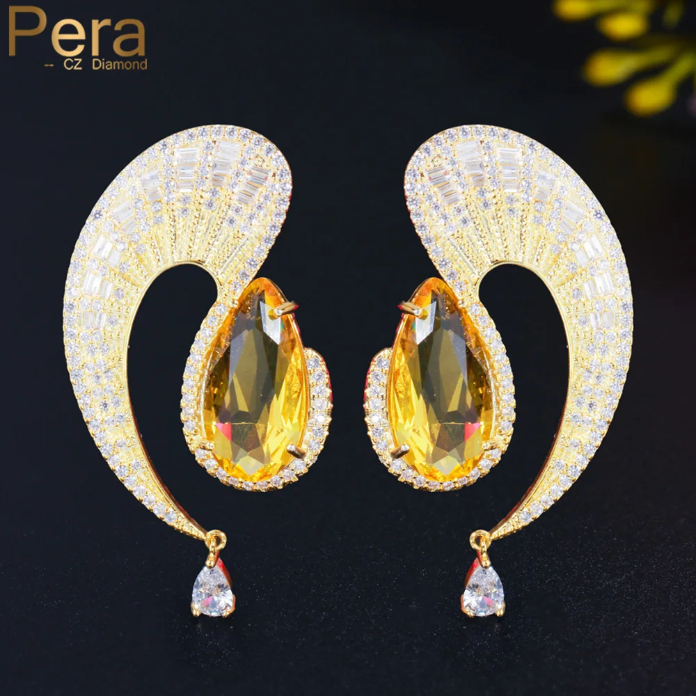 

Pera Unique Yellow Cubic Zirconia Gold Color Long Dangle Big Waterdrop Drop Earrings for Women Statement Fashion Jewelry E703