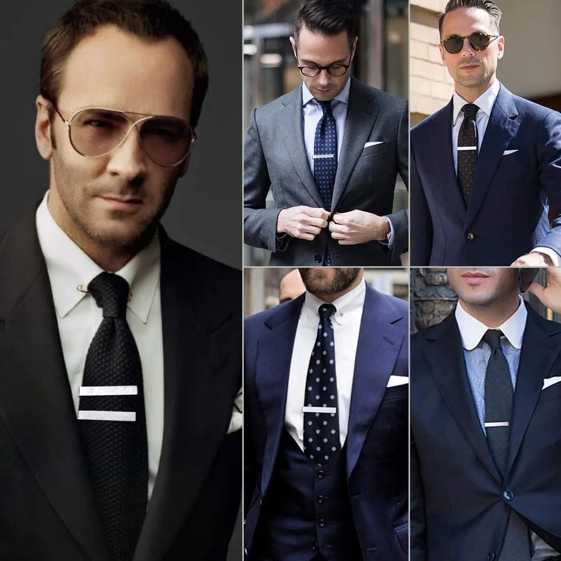 U7 5pcs/set Tie Clips for Men Flat Bar Clip Set Regular Necktie Wedding Business Pin Grid Pattern