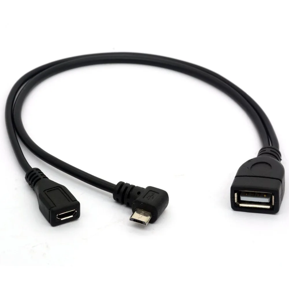 Angled Micro USB Y Splitter Cable OTG Power Enhancer Cord USB 2.0 A Female to 90 Degree Male and Straight Micro Female Adapter